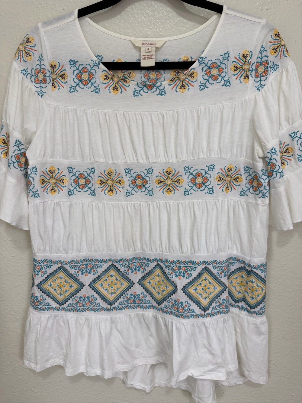 Sundance Embroidered Boho Peasant Top White Cotton Size Small